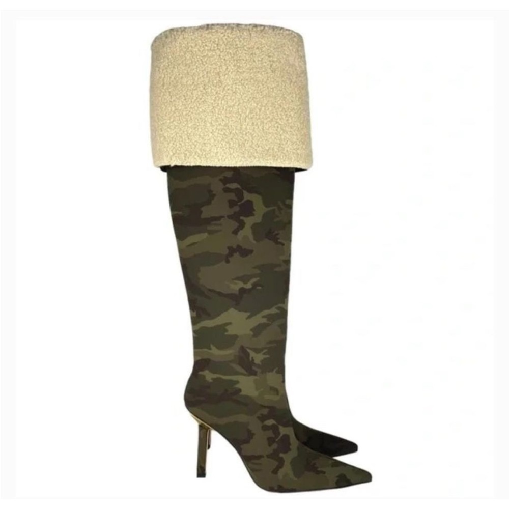 Good American High Kickstand Camo Neoprene Over The Knee Boots w/ Sherpa